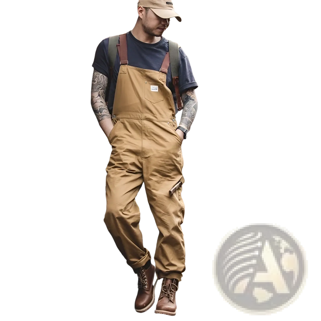 Maden Vintage tan canvas workwear overalls with brown leather straps and a small chest brand patch