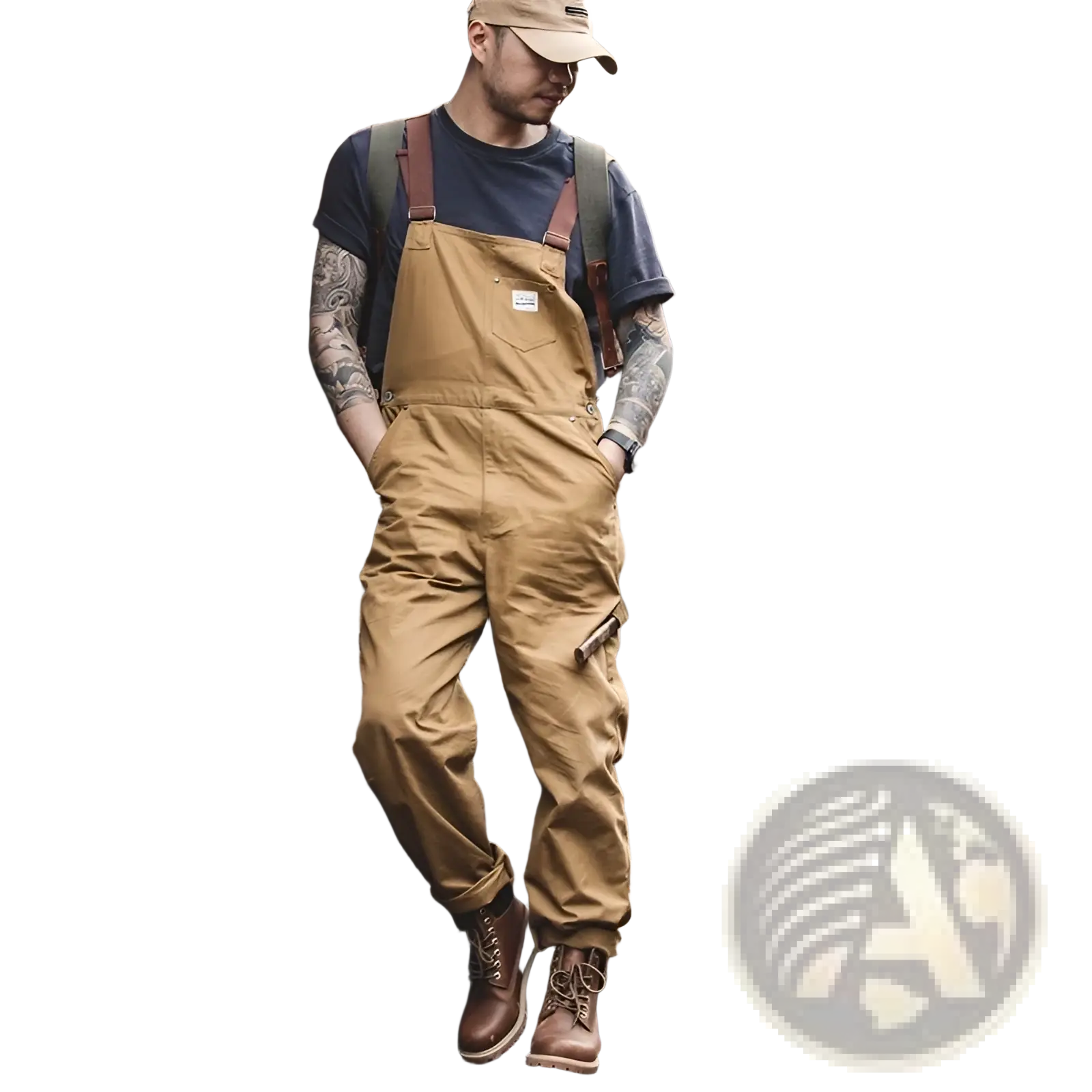 Maden Vintage tan canvas workwear overalls with brown leather straps and a small chest brand patch