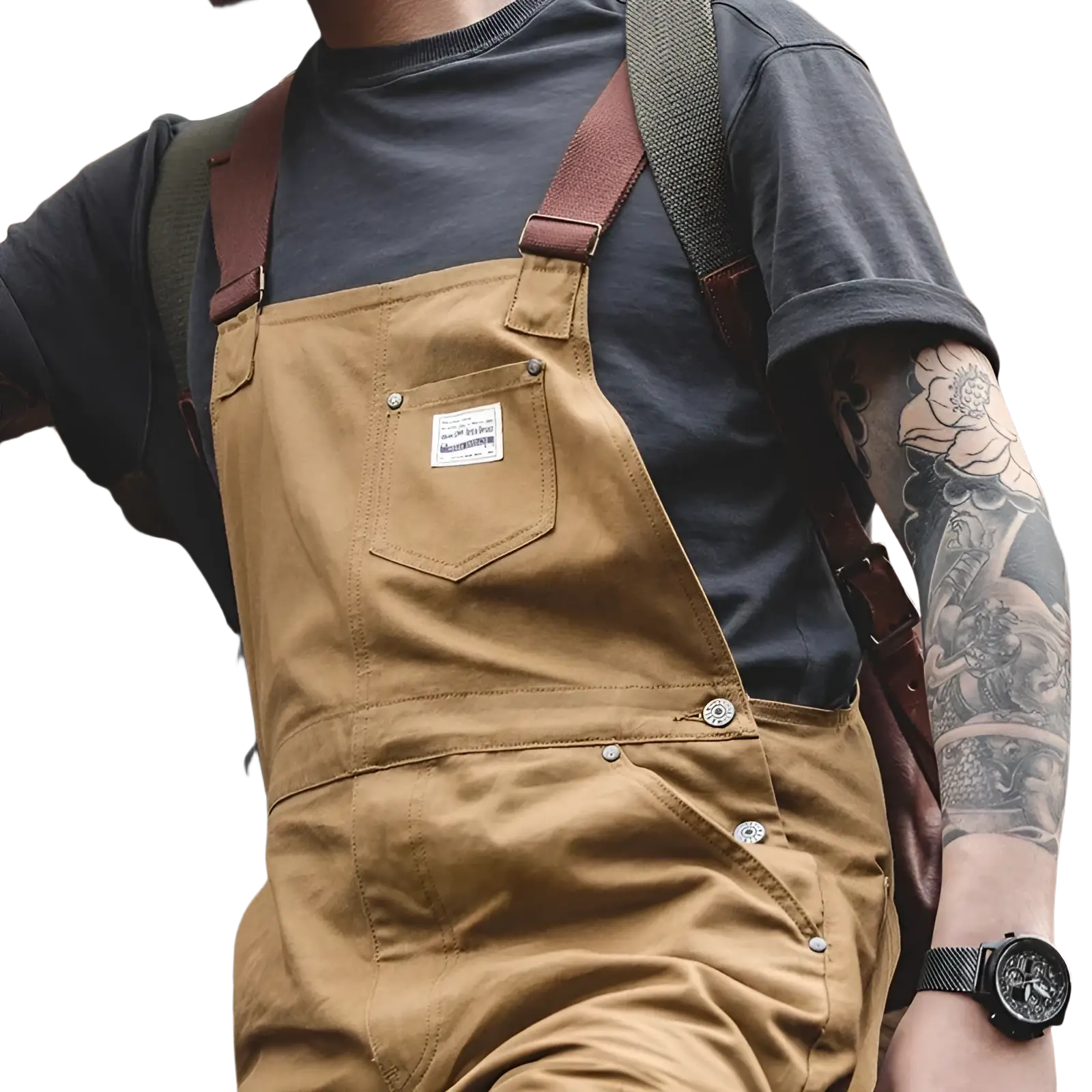 Tan canvas workwear overalls with brown leather straps and silver metal hardware from maden vintage collection