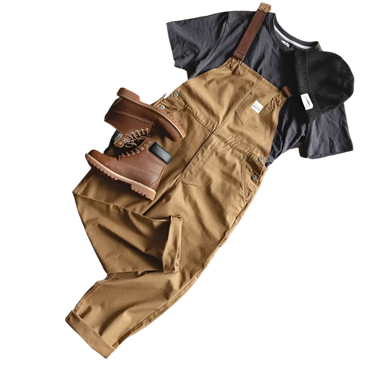 Maden Vintage tan canvas workwear overalls with brown leather straps and classic durable cotton design