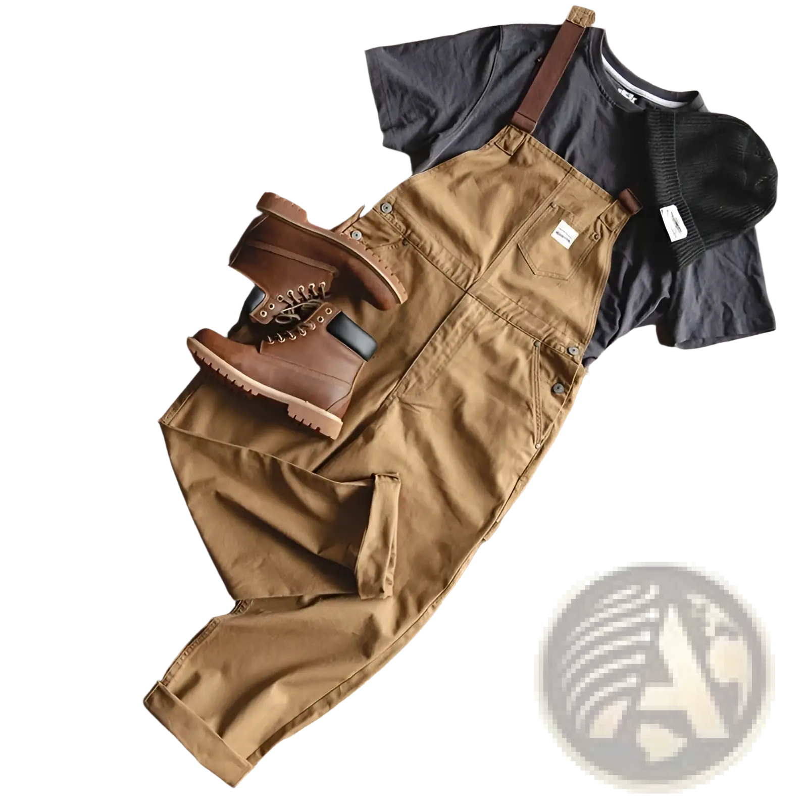 Maden Vintage tan canvas workwear overalls with brown leather straps and classic durable cotton design