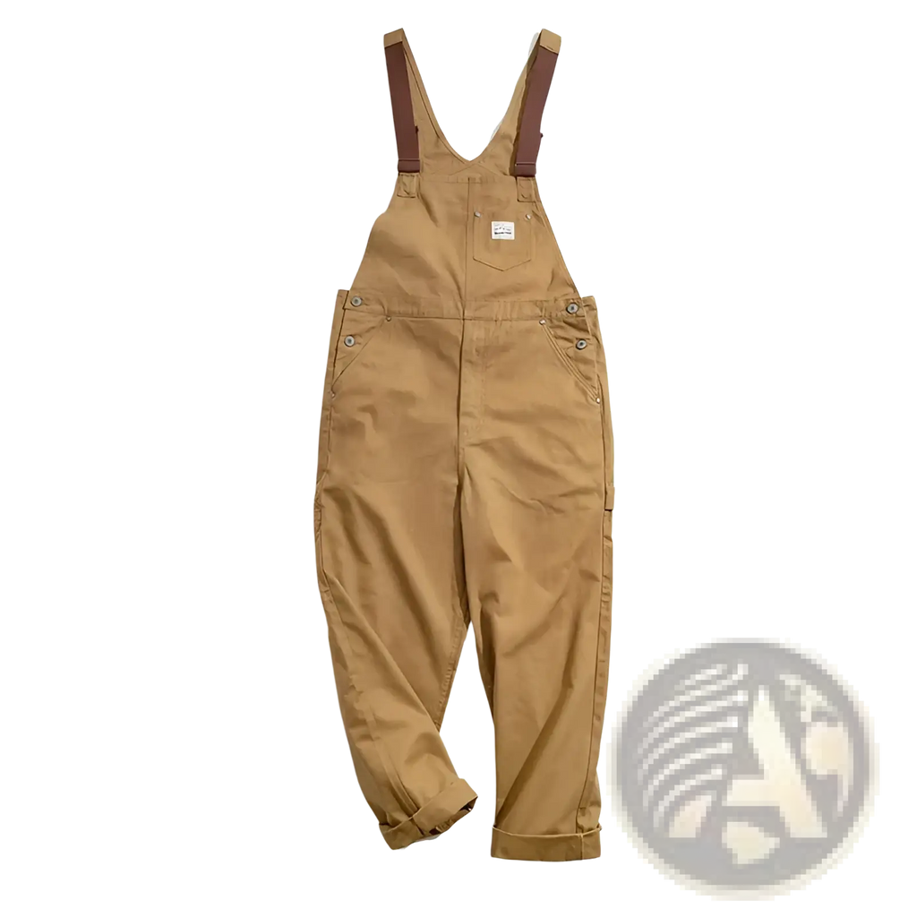 Maden Vintage tan canvas workwear overalls in cotton with brown leather straps and a small white chest label