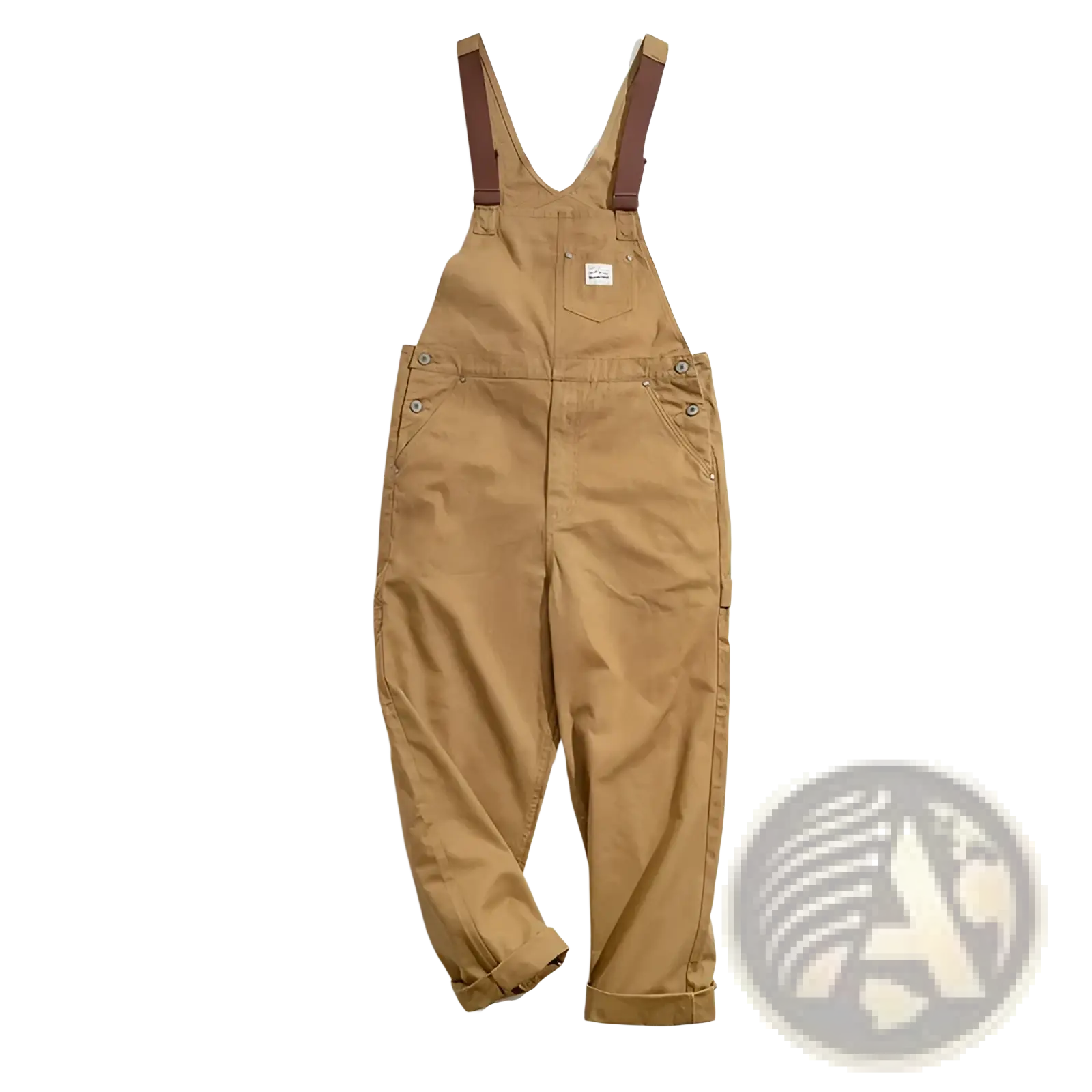 Maden Vintage tan canvas workwear overalls in cotton with brown leather straps and a small white chest label