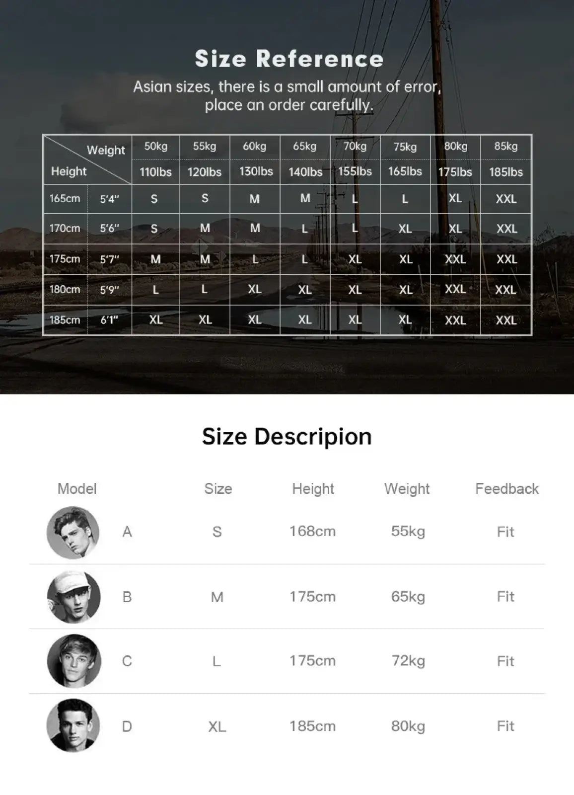 Size reference chart for men’s maden vintage tan canvas workwear overalls showing height weight sizing with model photos
