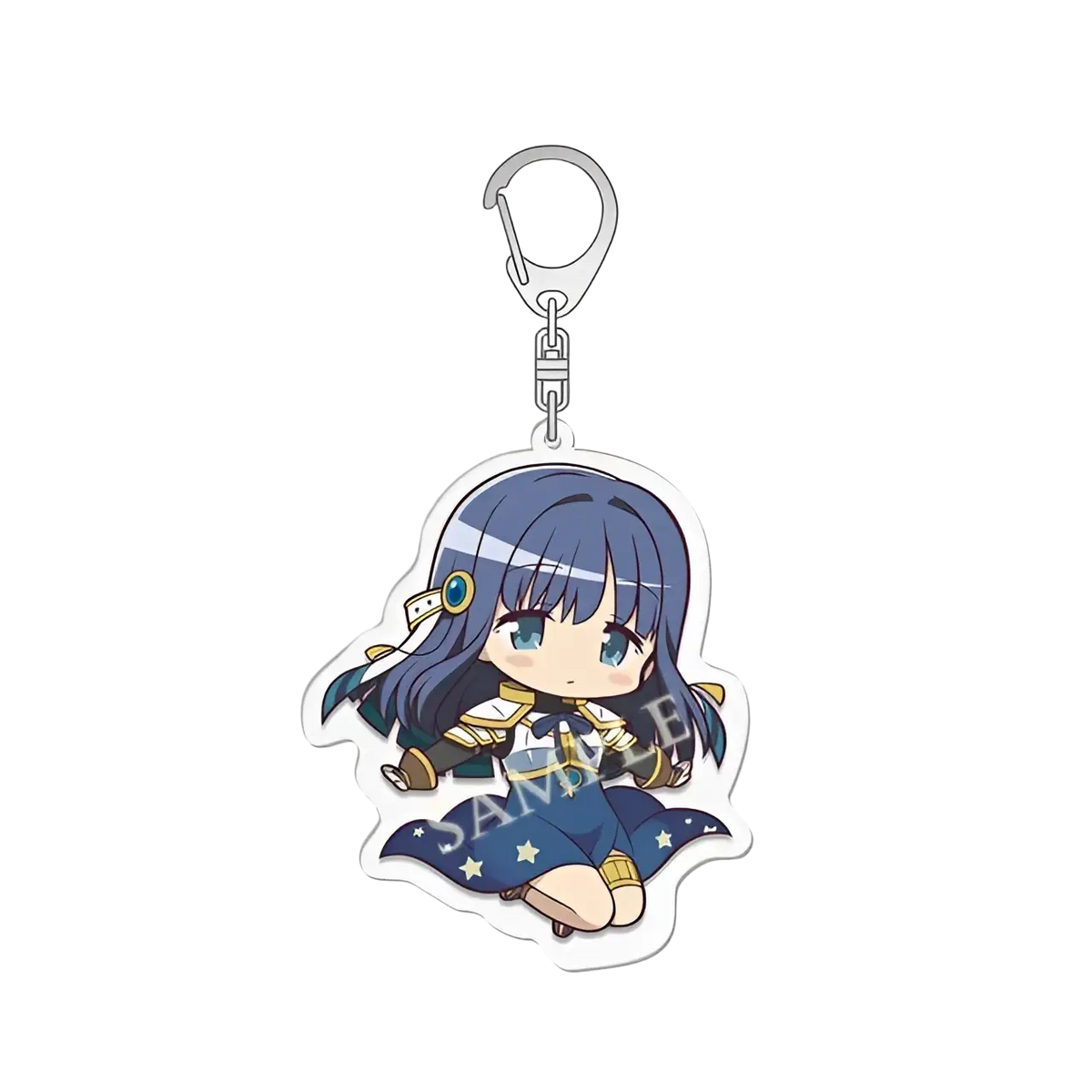 Acrylic keychain from Madoka Magica anime set featuring blue-haired character with gold trim and silver metal clip