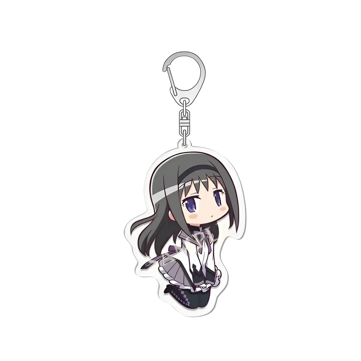 A chibi-style acrylic keychain from madoka magica featuring a character with long dark hair and purple eyes