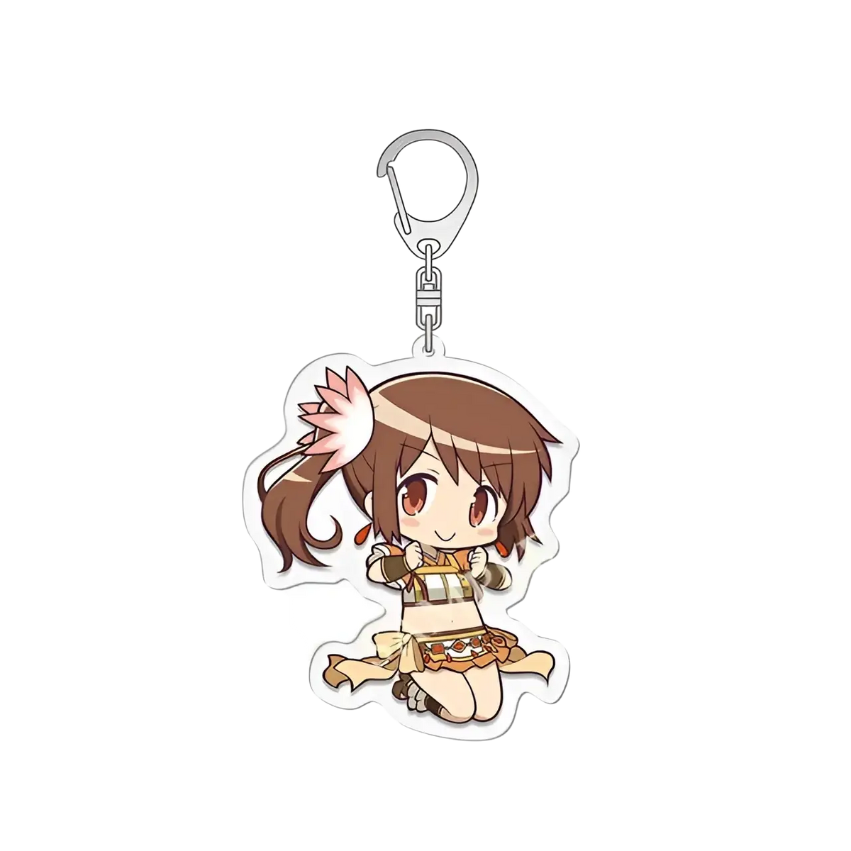 A chibi-style acrylic keychain of a brown-haired anime girl with pink accessories in an orange and beige outfit from madoka magica