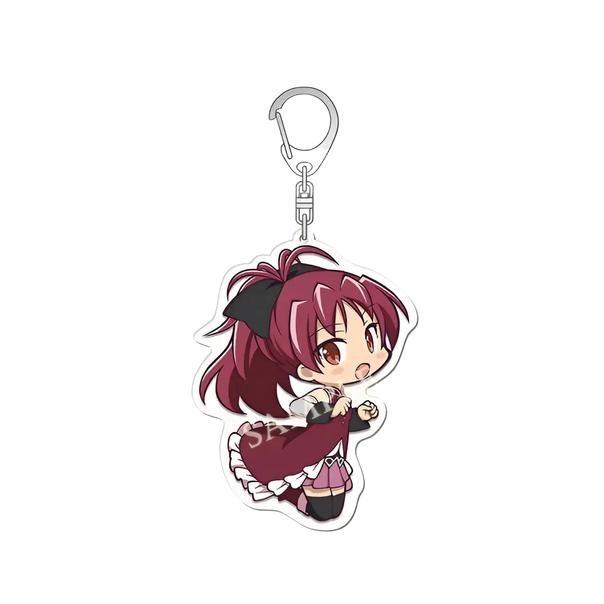 A chibi-style madoka magica anime acrylic keychain featuring a character with magenta hair in a maroon maid outfit