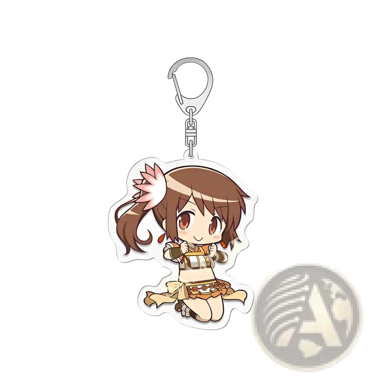 A chibi-style acrylic keychain of a brown-haired anime girl with pink accessories in an orange and beige outfit from madoka magica