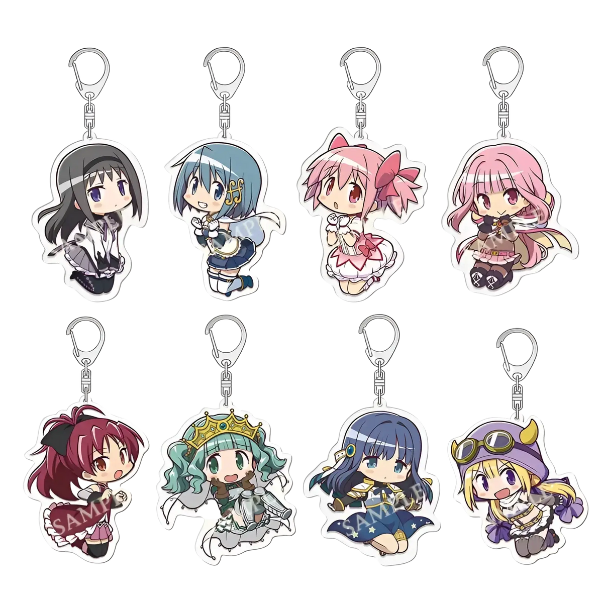 Set of eight colorful madoka magica anime acrylic keychains featuring chibi-style characters with distinct accessories