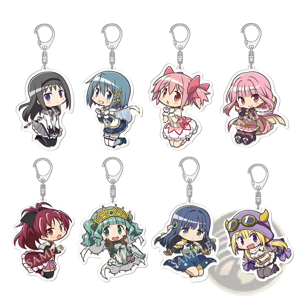 Set of eight colorful madoka magica anime acrylic keychains featuring chibi-style characters with distinct accessories