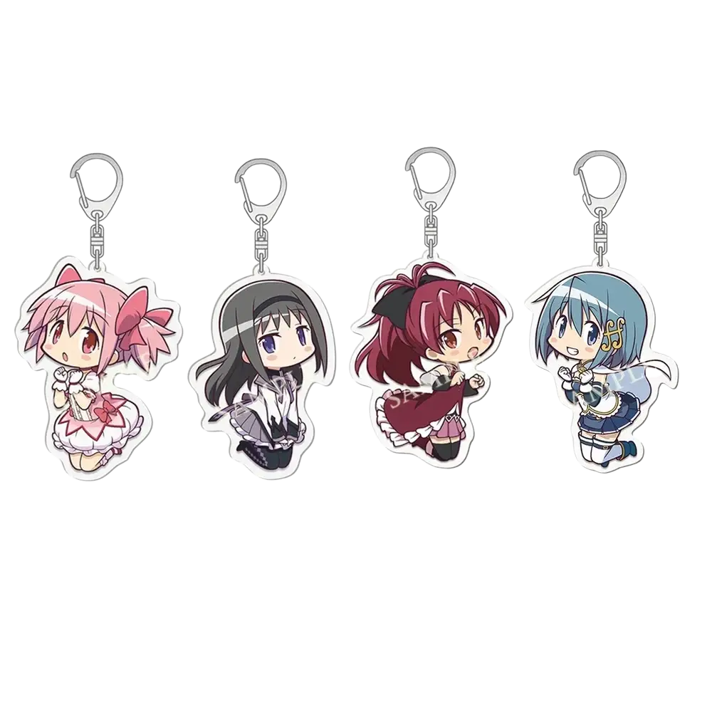 Four chibi style colorful acrylic keychains featuring madoka magica anime characters with distinct outfits and hairstyles