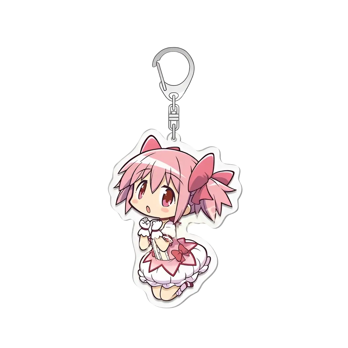Madoka magica anime acrylic keychain set featuring pink-haired character with cat ears and white dress with pink accents