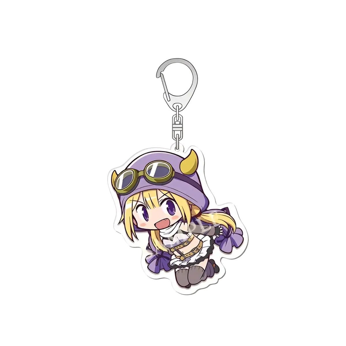 A purple and gold-accented chibi acrylic keychain featuring a blonde character in aviator goggles from Madoka Magica
