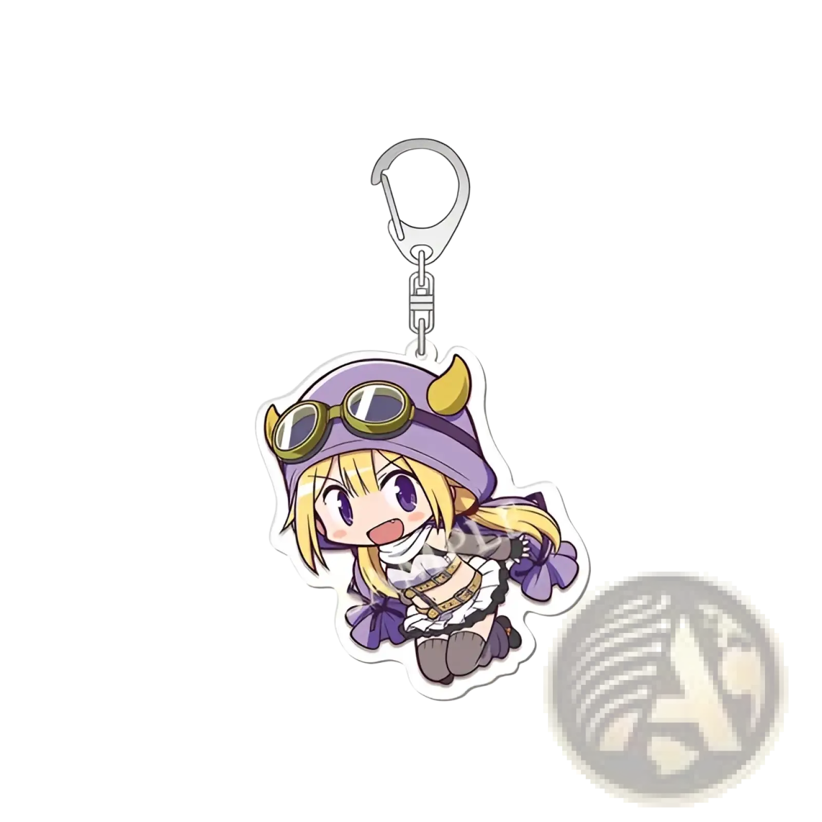 A purple and gold-accented chibi acrylic keychain featuring a blonde character in aviator goggles from Madoka Magica