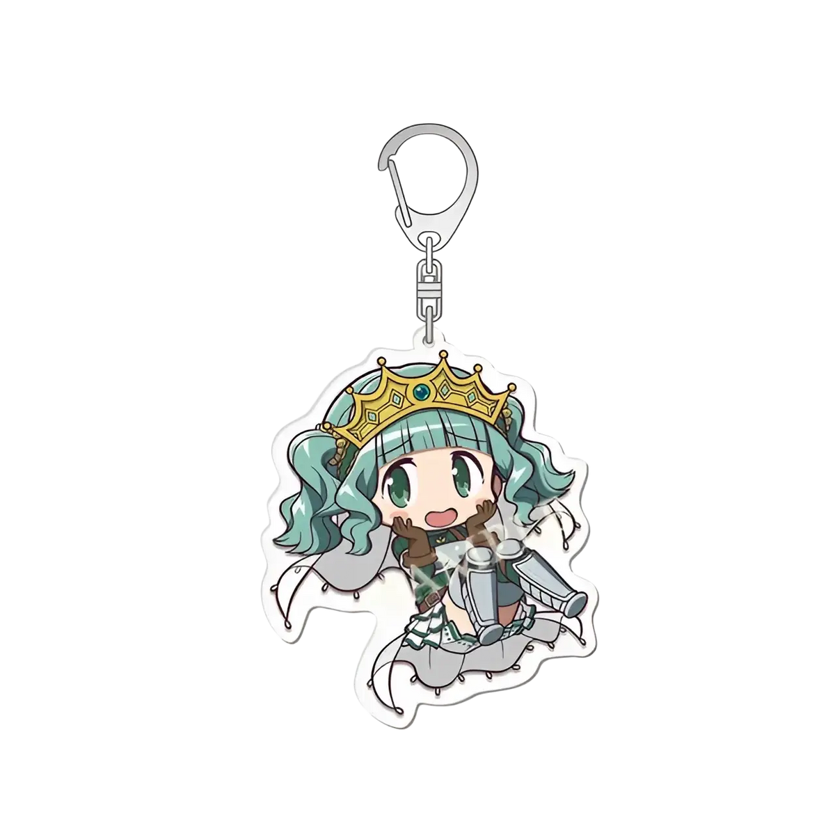 Acrylic keychain from Madoka Magica set featuring a translucent teal-haired chibi anime character with crown and armor