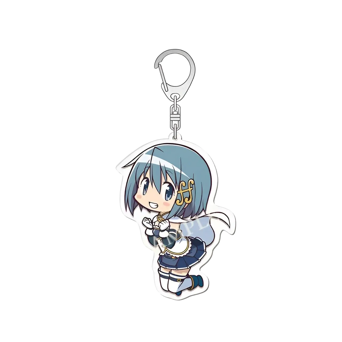 Translucent blue and white acrylic madoka magica anime keychain featuring chibi light-blue hair character with gold accents