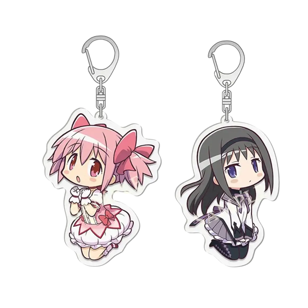 Madoka Magica anime acrylic keychain set featuring two chibi characters with pink and black hair