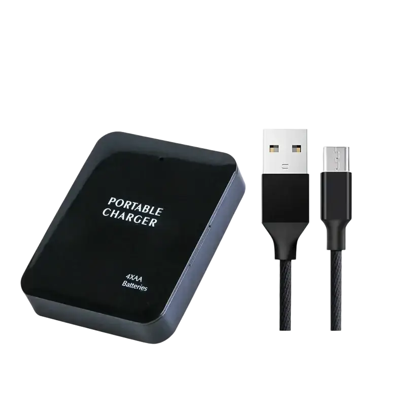 Black rectangular Magcle emergency usb power bank with 4 aa batteries and usb-a to micro-usb charging cable