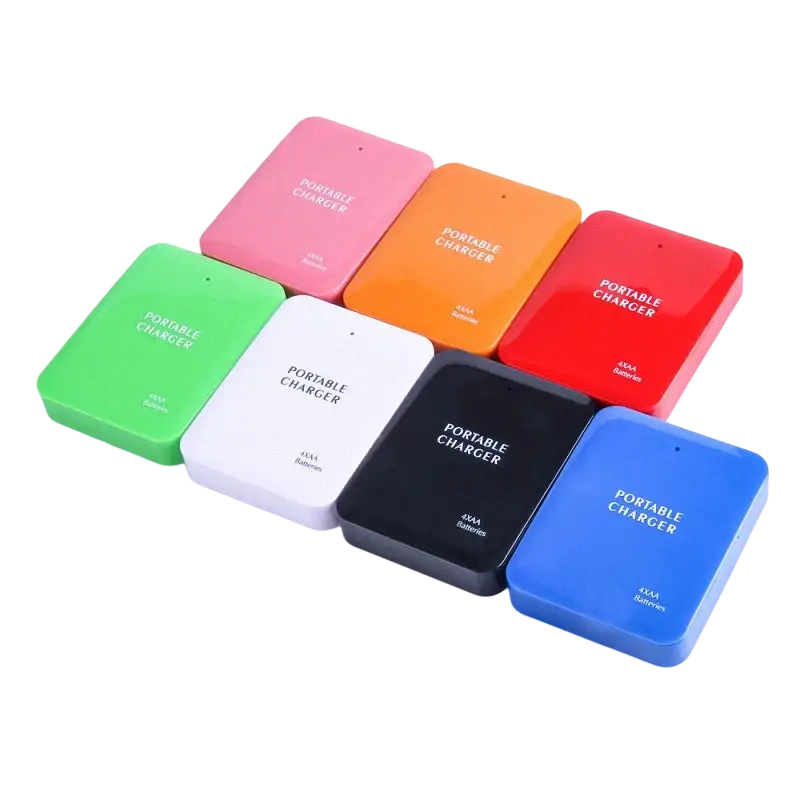 Magcle emergency usb power bank for 4 aa batteries in vibrant pink orange red green white black and blue with usb cable