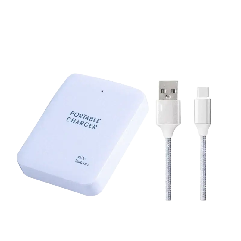 White magcle emergency usb power bank with 4 aa batteries and matching usb-a to usb-c usb cable for battery emergency usb use