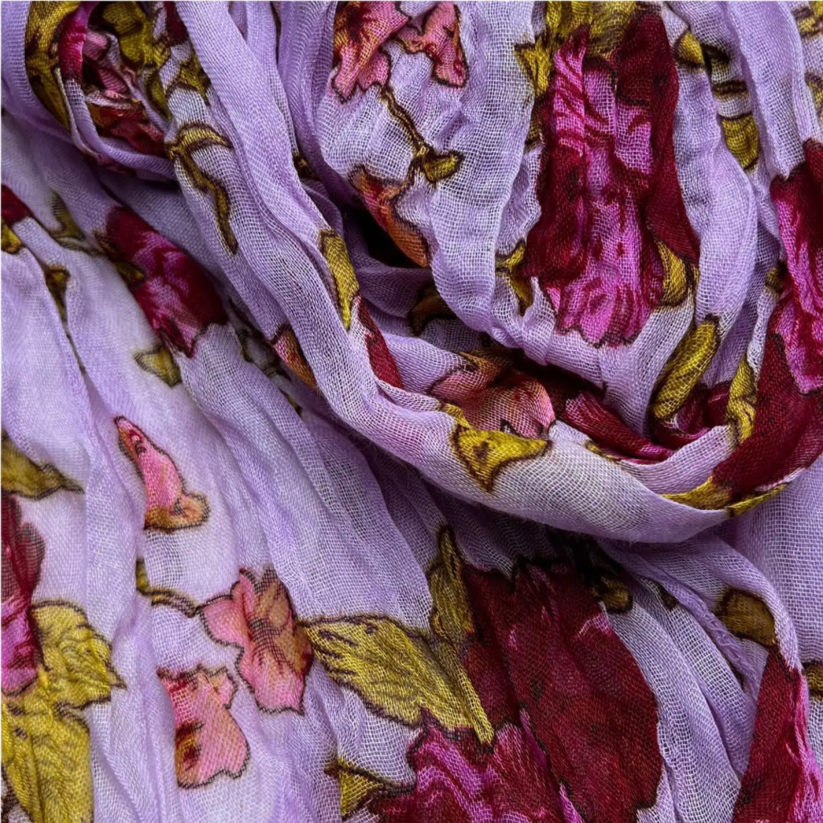 A soft lavender chiffon magenta crinkle floral polyester scarf with vibrant pink blossoms and golden-yellow leaves