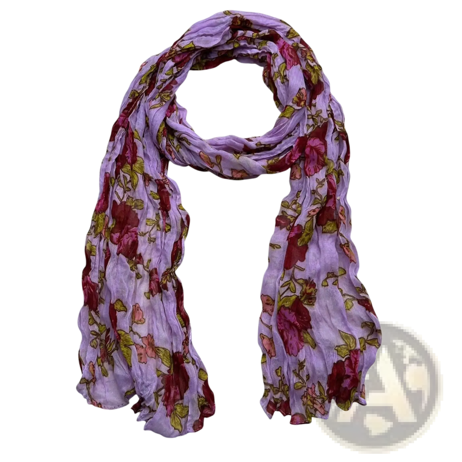 A soft lavender magenta crinkle floral polyester scarf with a delicate pattern of deep red and green blossoms