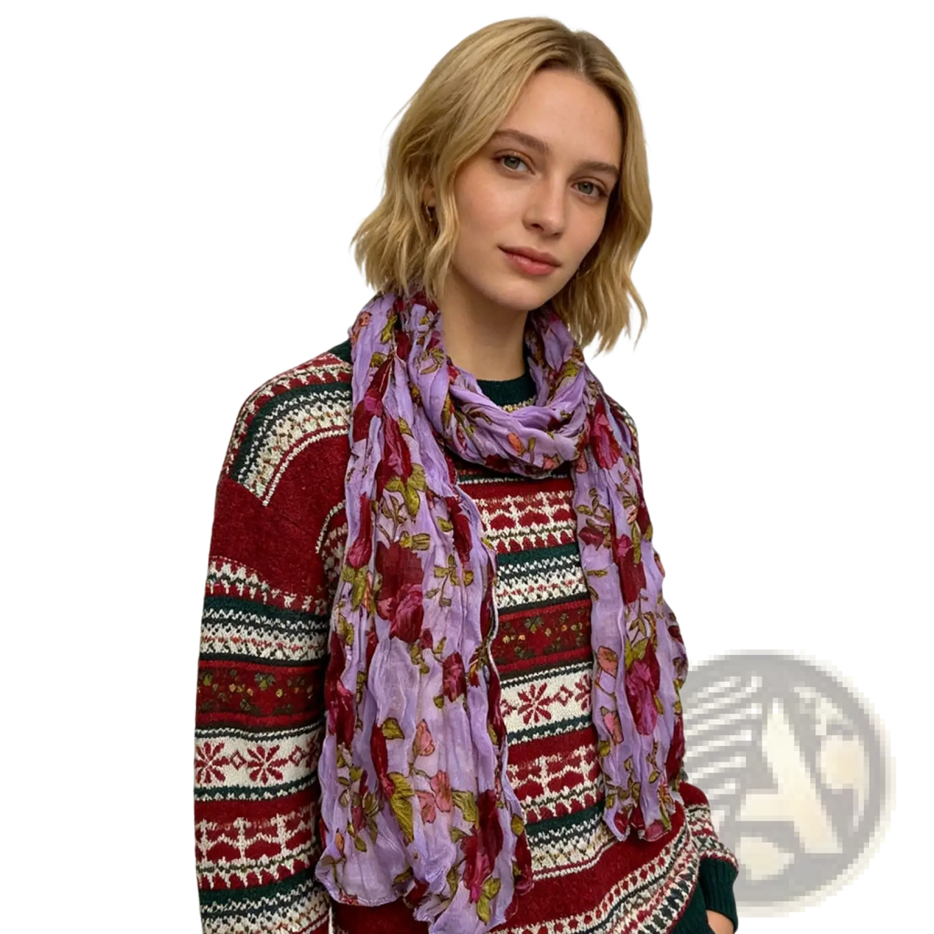 A lightweight sheer lavender polyester scarf with a delicate pink and green floral pattern called magenta crinkle floral