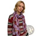 A lightweight sheer lavender polyester scarf with a delicate pink and green floral pattern called magenta crinkle floral