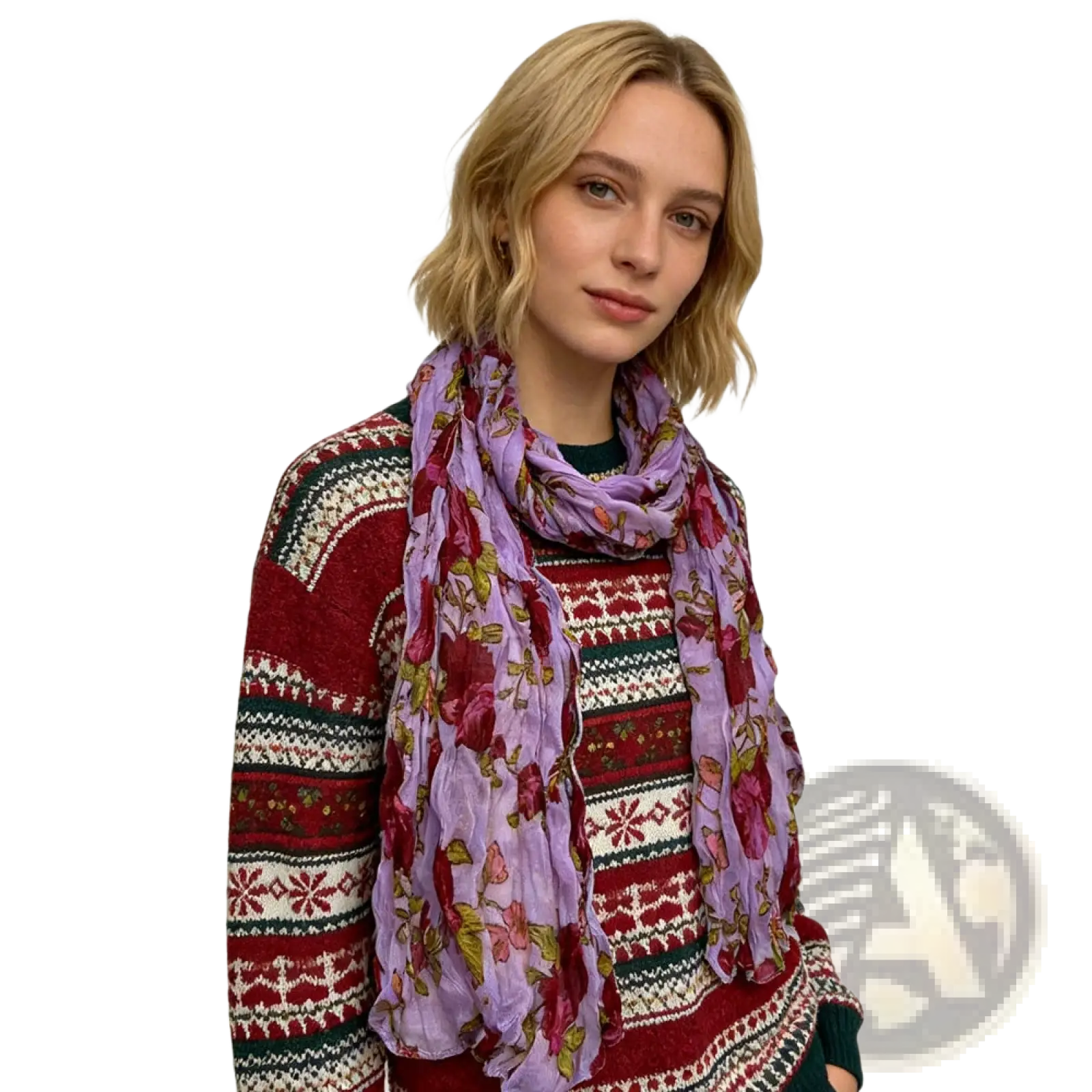 A lightweight sheer lavender polyester scarf with a delicate pink and green floral pattern called magenta crinkle floral