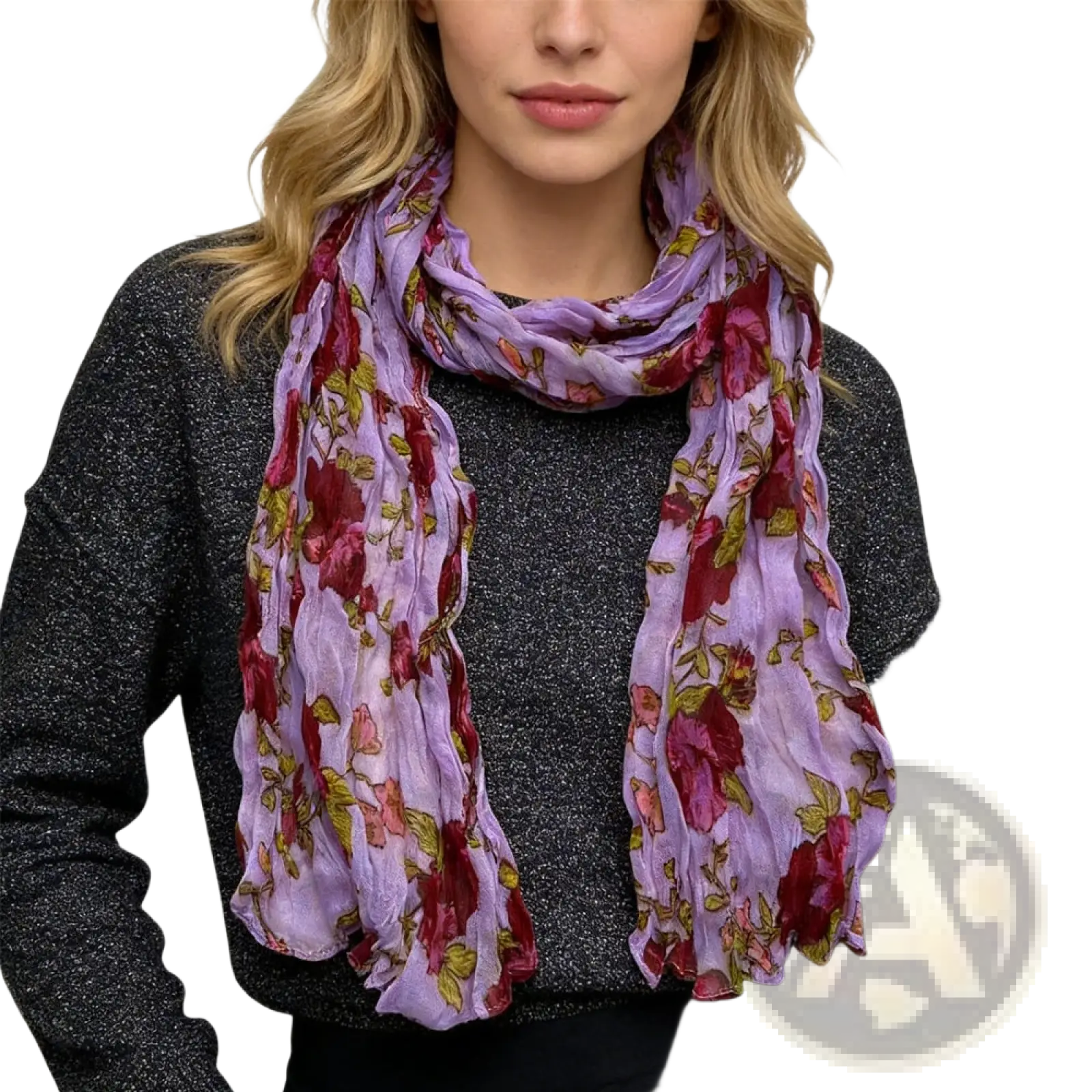 Magenta crinkle floral polyester scarf with a flowing lavender base and vibrant red and green floral pattern in lightweight fabric