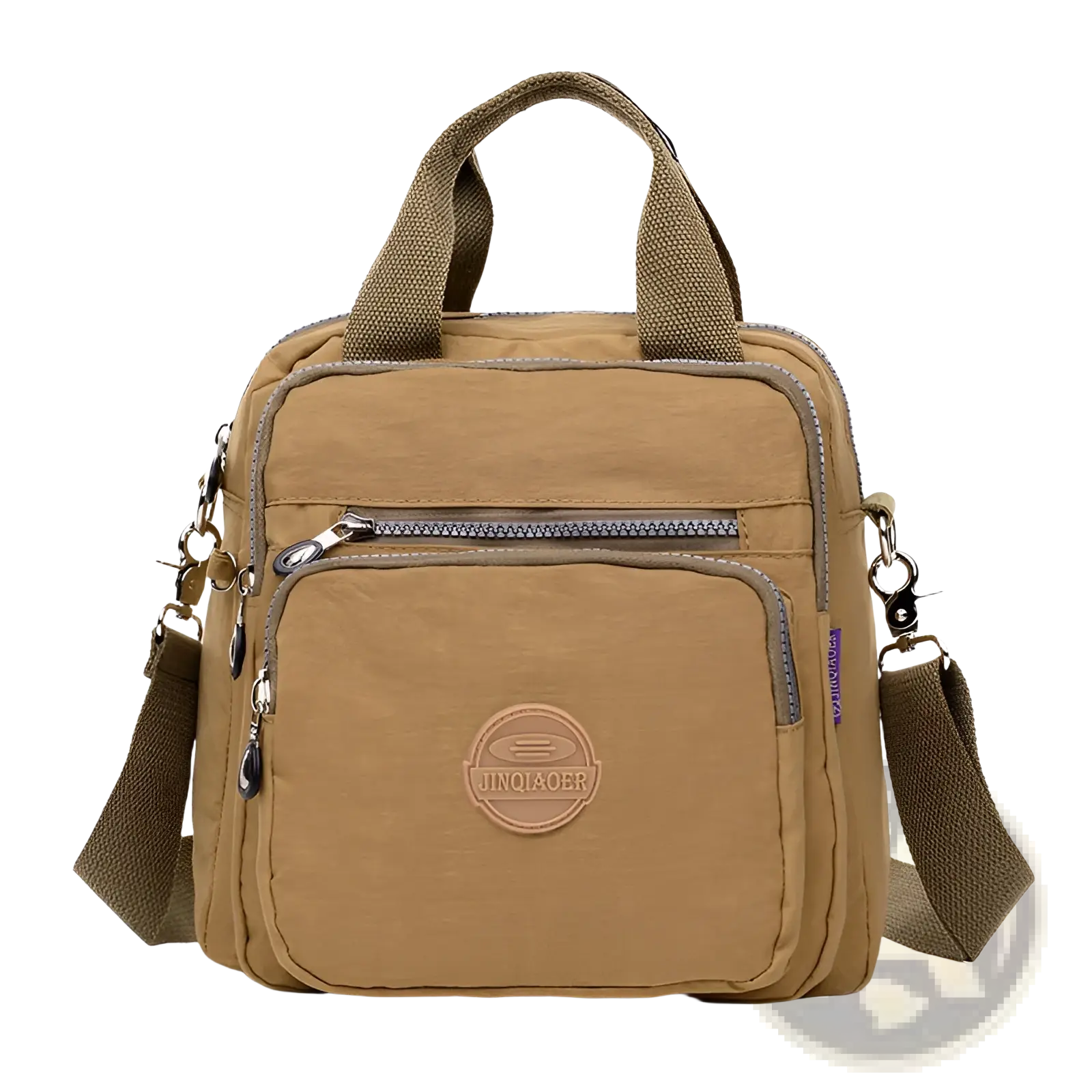Tan canvas Magenta multi-functional nylon crossbody bag with olive green handles and multiple zippered compartments