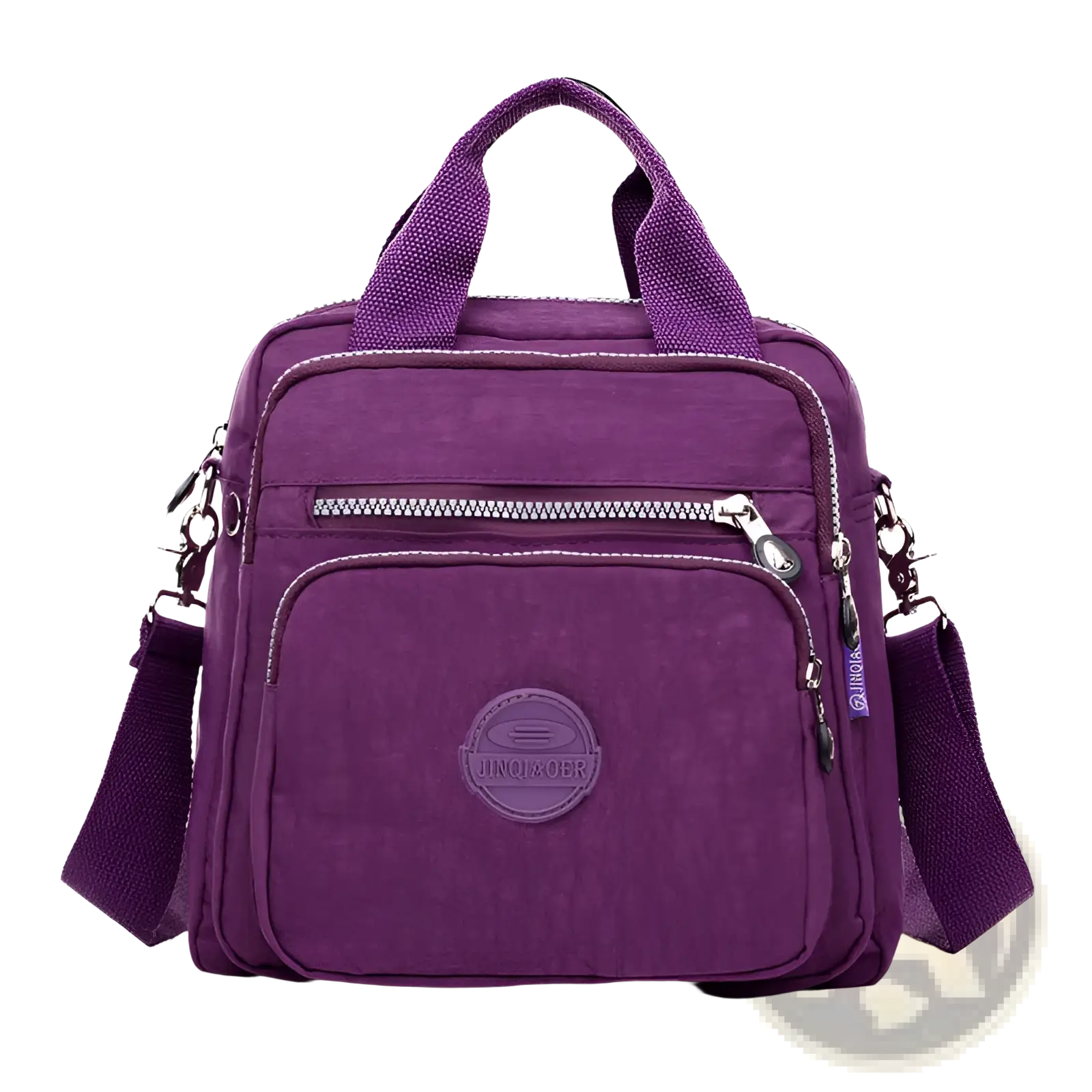 Magenta multi-functional nylon crossbody bag with multiple zippers and brand logo patch measuring 25cm