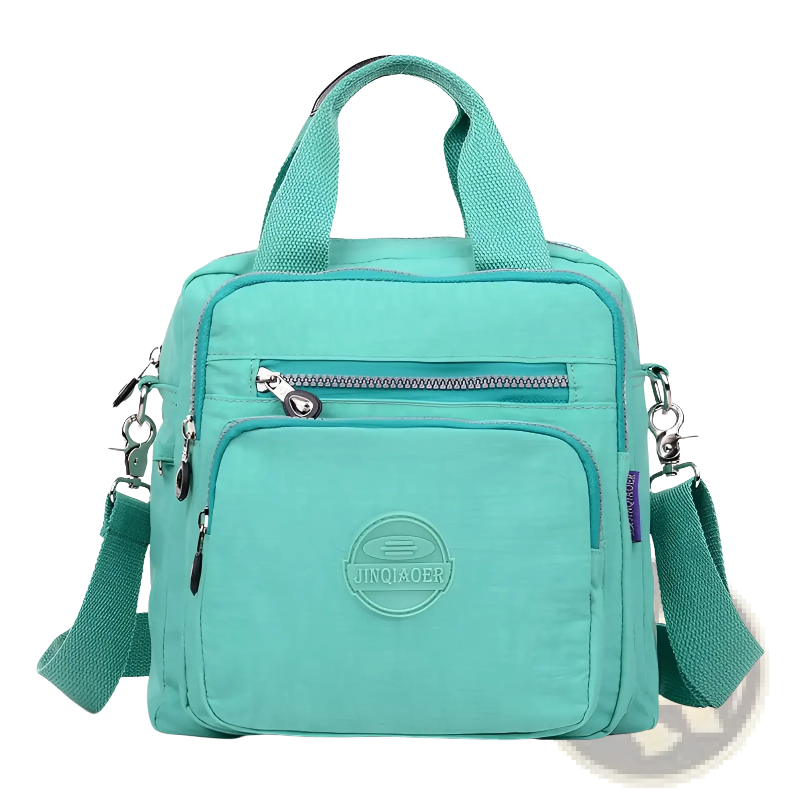 Teal canvas crossbody bag with multiple zippers and front logo patch in magenta multi-functional nylon design 25cm