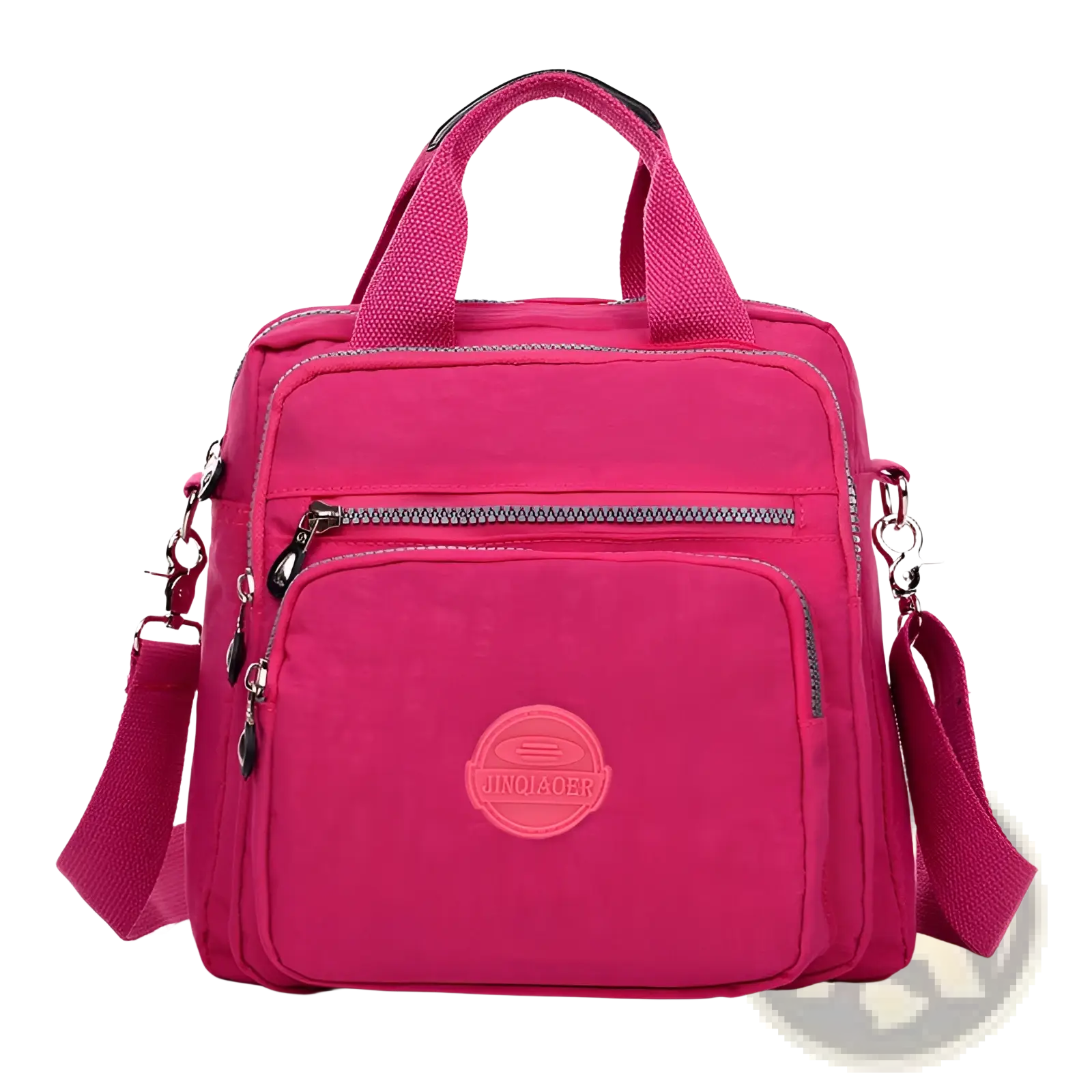 Vibrant fuchsia magenta multi-functional nylon crossbody bag 25cm with top handles adjustable strap and zippered compartments