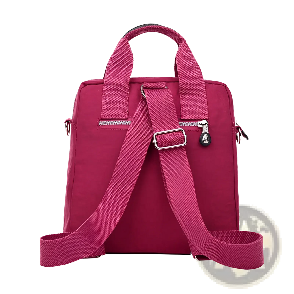 Magenta multi-functional nylon crossbody bag 25cm with vibrant magenta canvas, adjustable straps, and silver-toned zippers