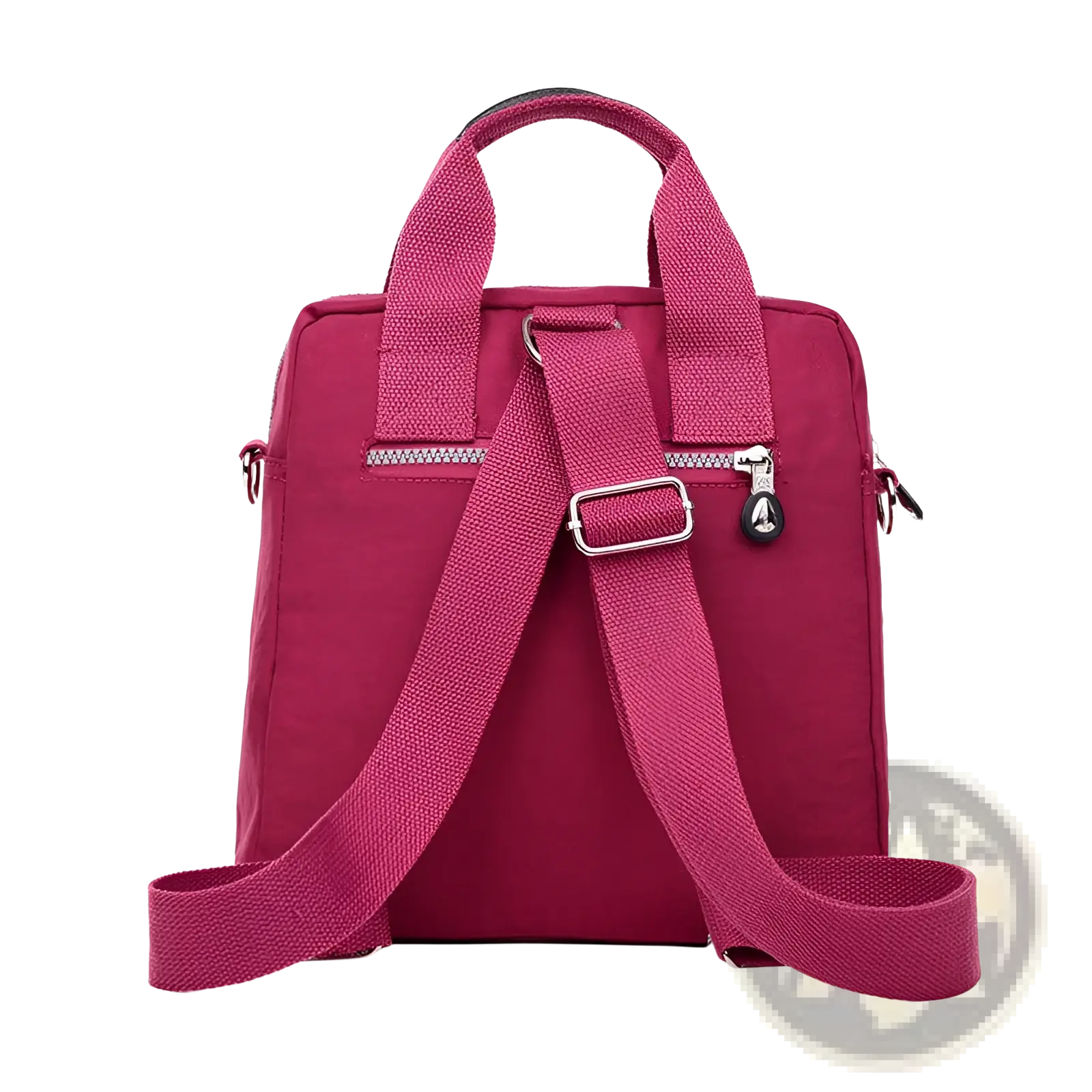Magenta multi-functional nylon crossbody bag 25cm with vibrant magenta canvas, adjustable straps, and silver-toned zippers