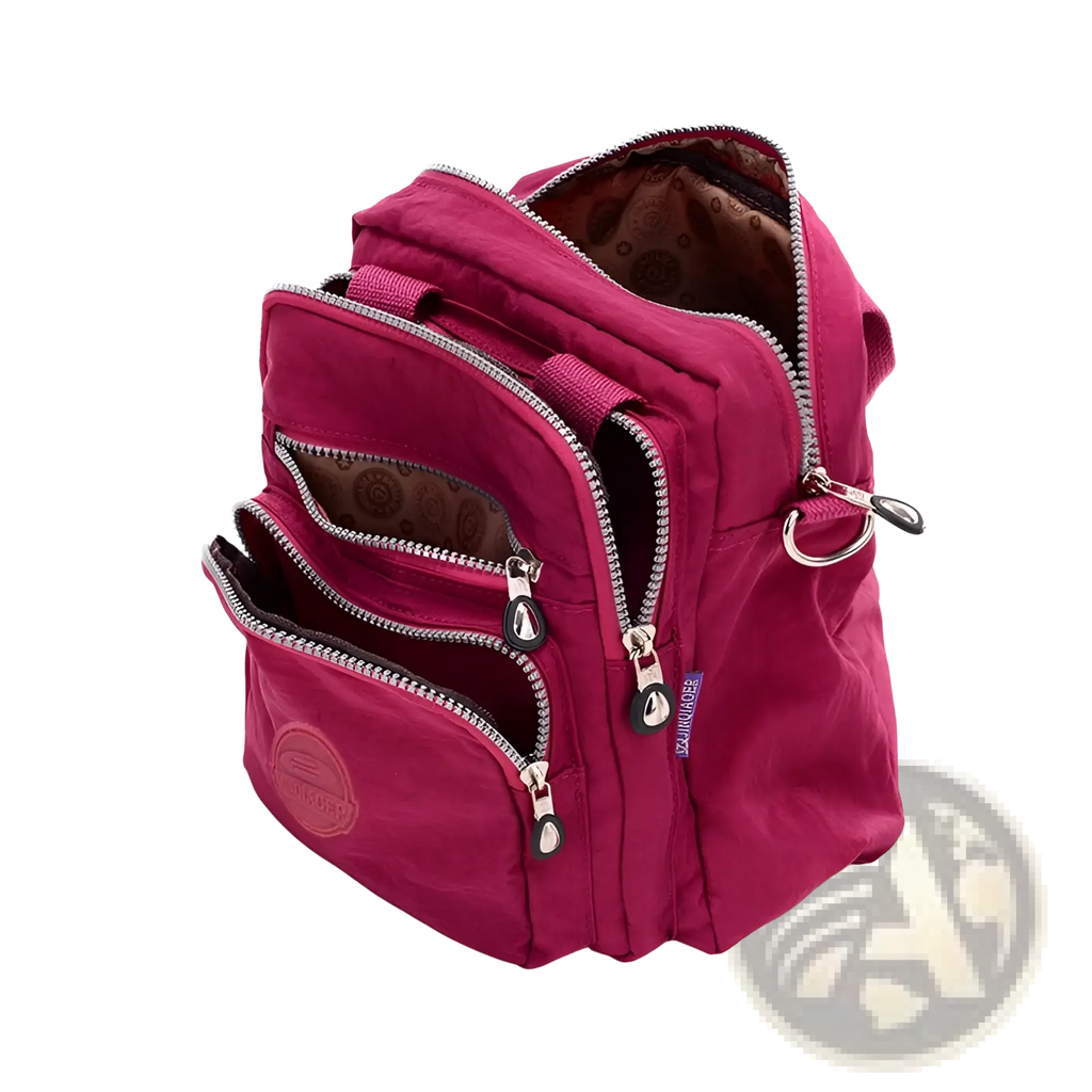 A vibrant magenta multi-functional nylon crossbody bag 25cm with multiple zippered compartments and silver-toned zippers