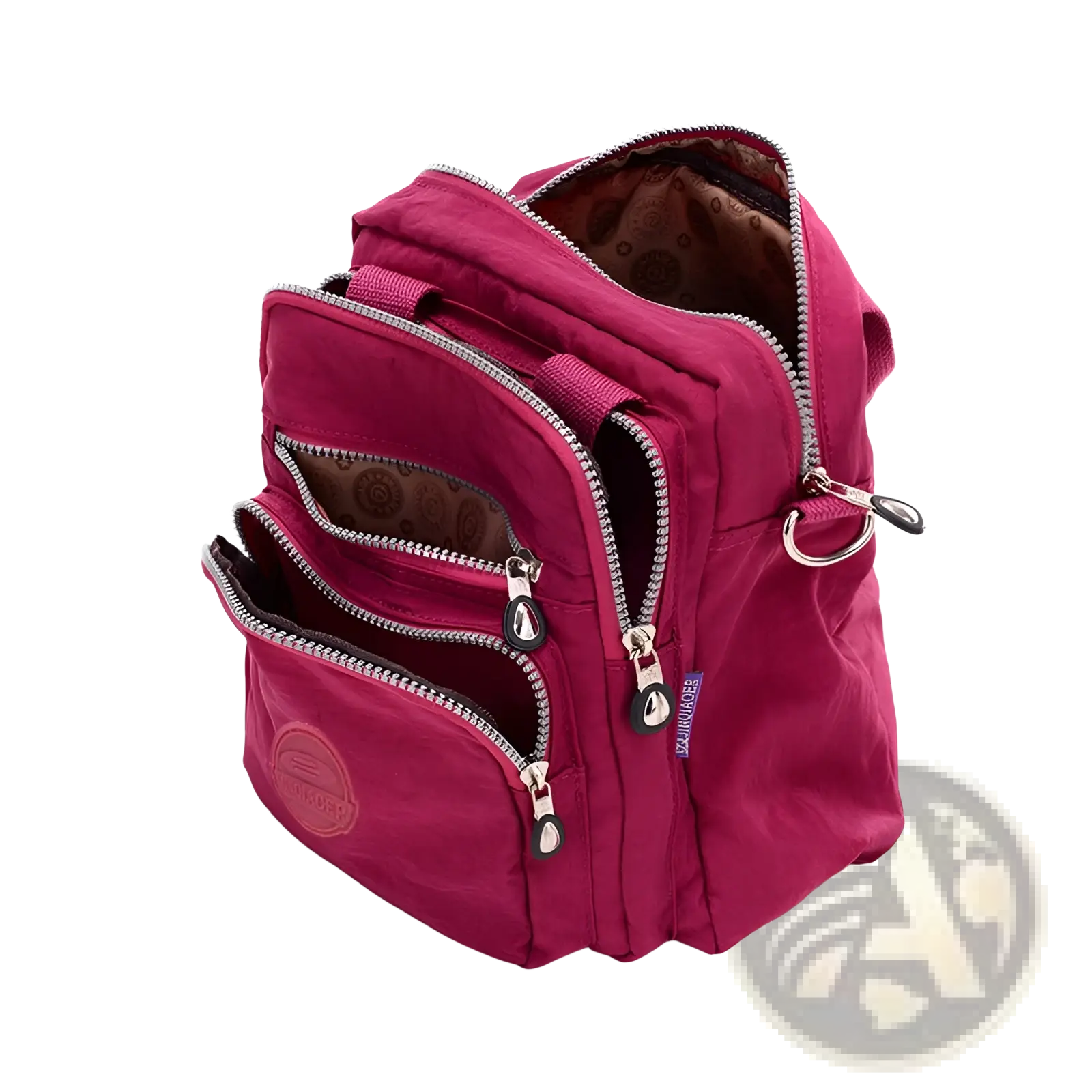 A vibrant magenta multi-functional nylon crossbody bag 25cm with multiple zippered compartments and silver-toned zippers