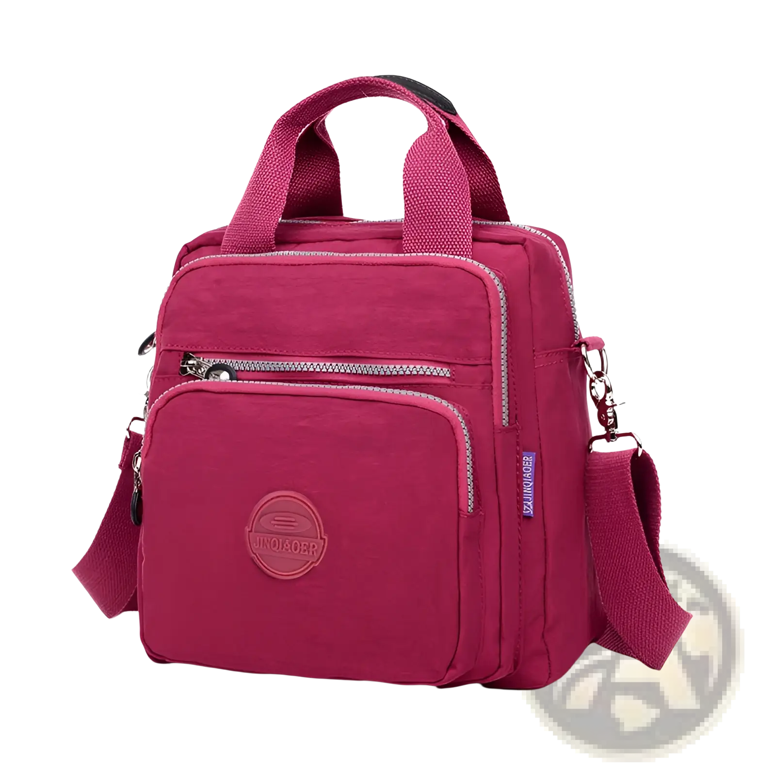 A vibrant fuchsia nylon magenta multi-functional crossbody bag with top handle, adjustable strap, and zippered compartments