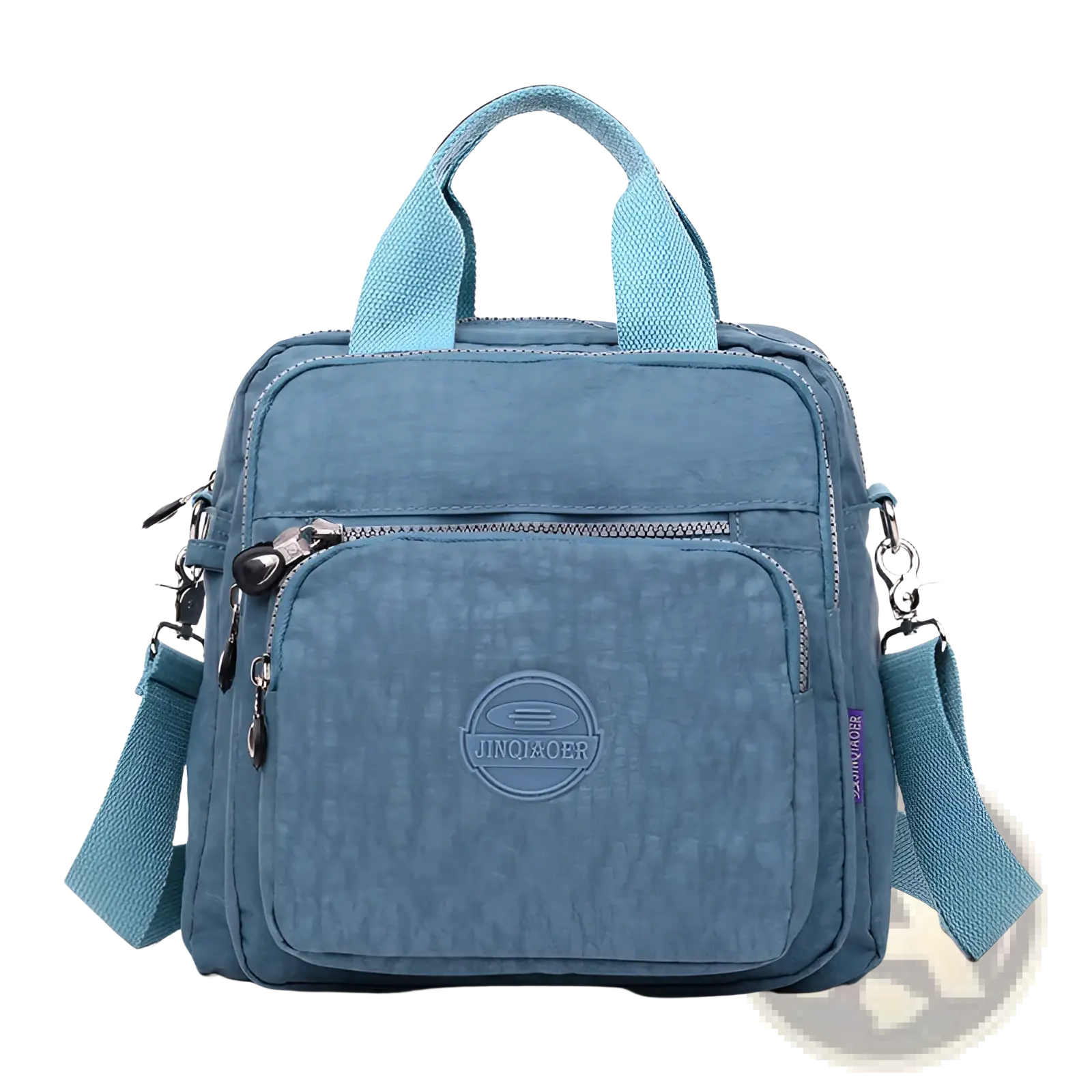 Teal textured nylon magenta multi-functional crossbody bag 25cm with dual handles and detachable shoulder strap
