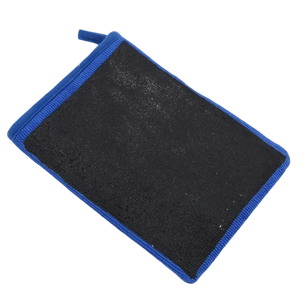 Blue-framed black sponge body scrubber with textured surface and looped handle for magic clay cloth auto detailing towel