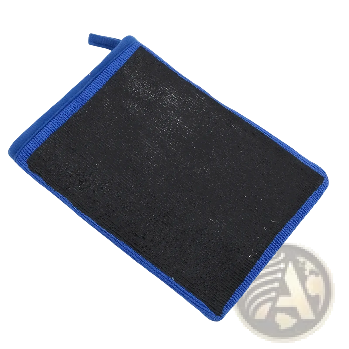 Blue-framed black sponge body scrubber with textured surface and looped handle for magic clay cloth auto detailing towel