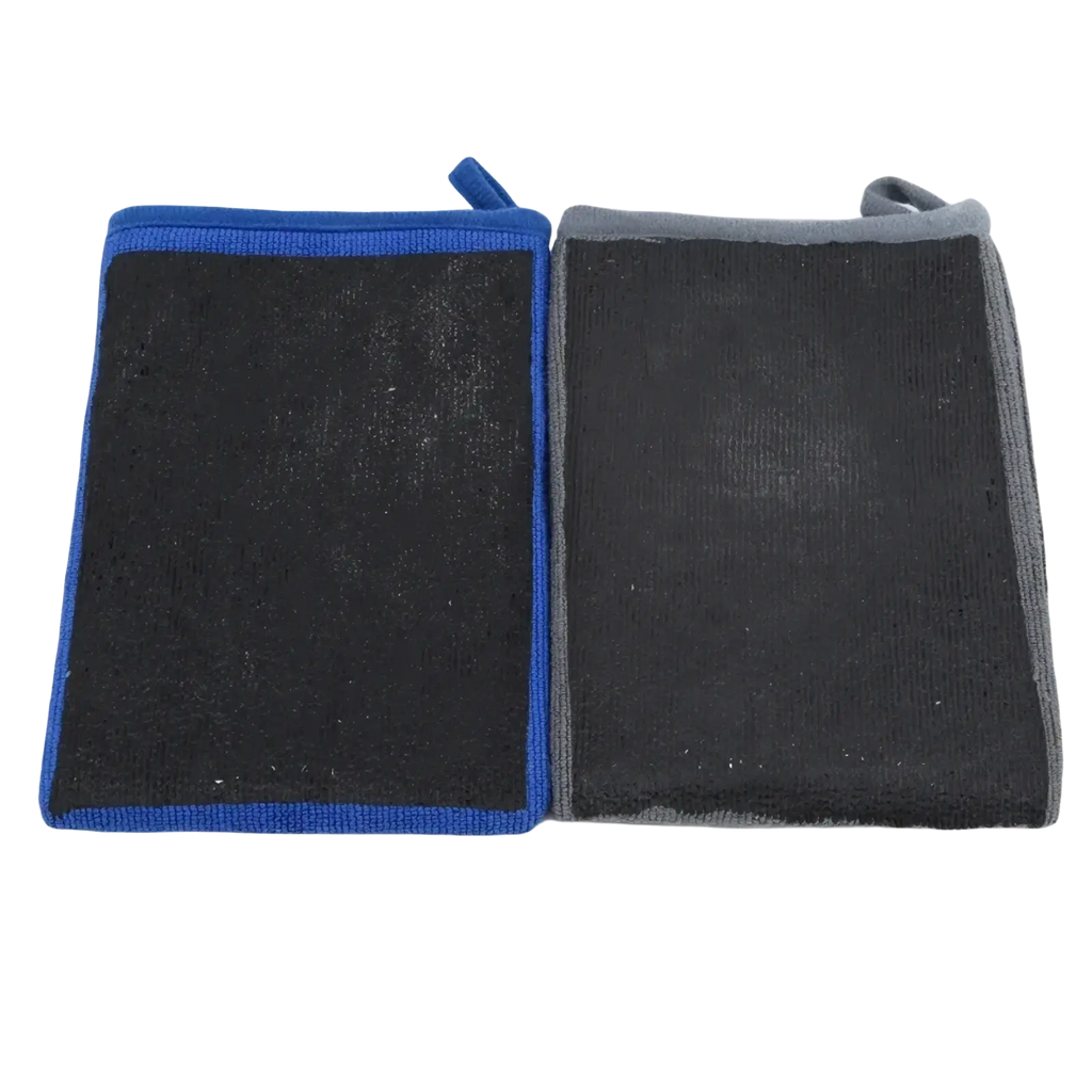 Blue and gray microfiber magic clay cloth auto detailing towels with textured surfaces for efficient cleaning