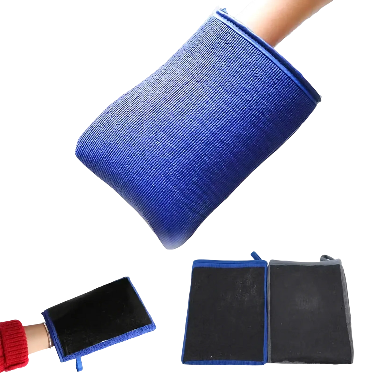 Blue microfiber car wash mitt with textured ribbed surface and reinforced edges for magic clay cloth auto detailing