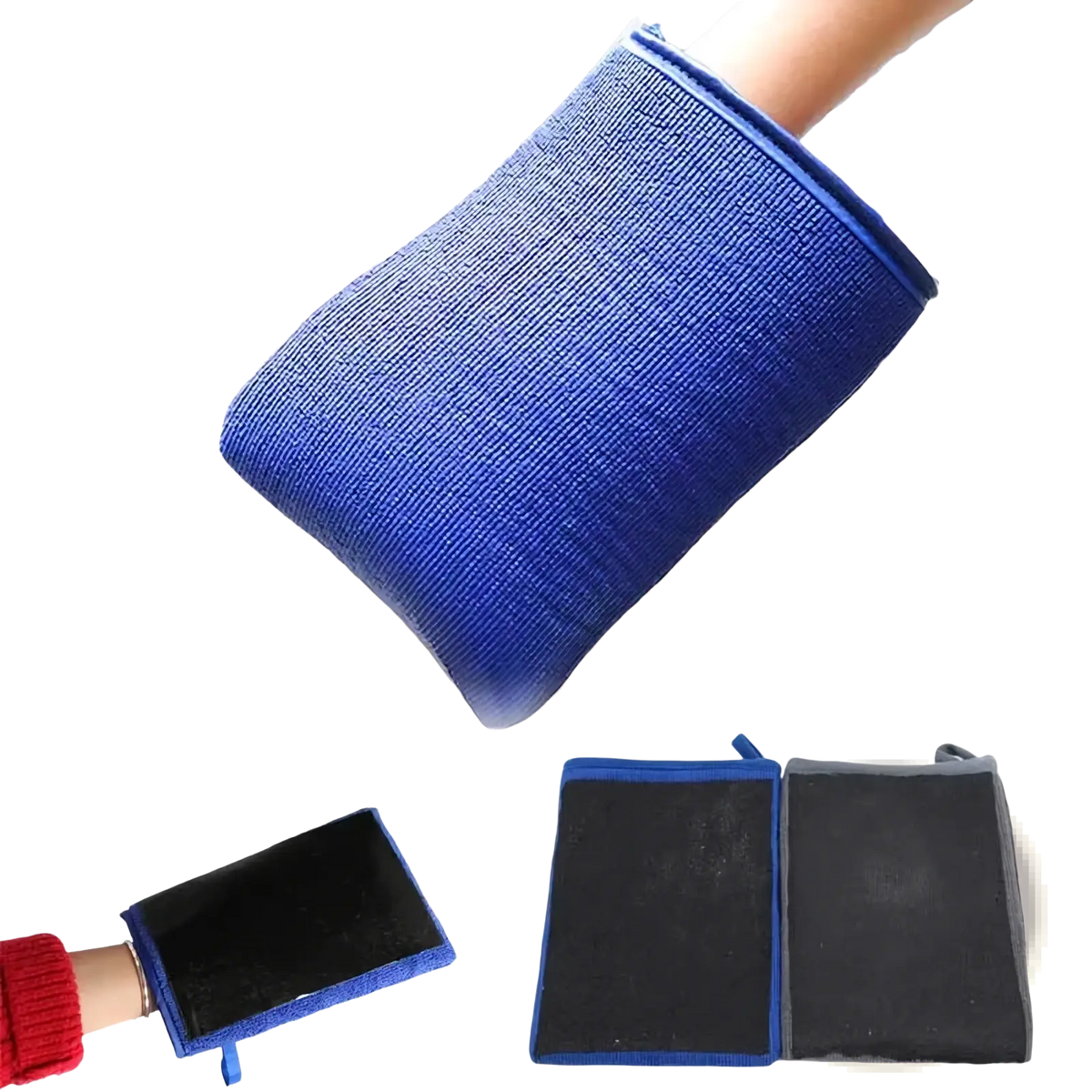 Blue microfiber car wash mitt with textured ribbed surface and reinforced edges for magic clay cloth auto detailing