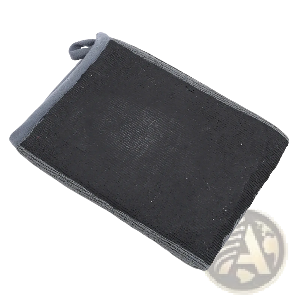 Magic clay cloth auto detailing towel with black and gray dual-layer bath sponge featuring textured scrubbing surface and soft edges