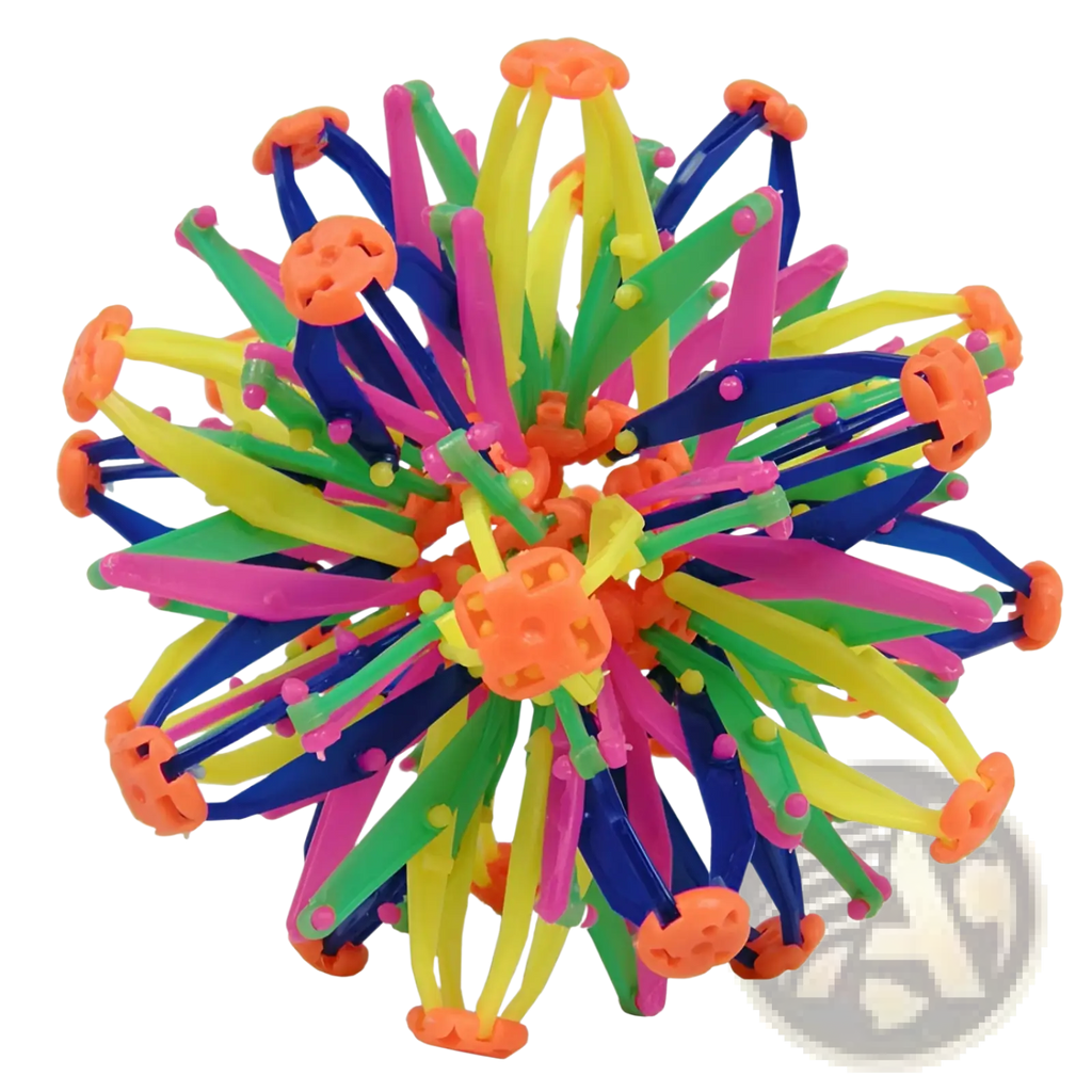 A vibrant multi-colored plastic spiky magic expanding ball toy with bright orange blue green and pink spikes radiating from a hub