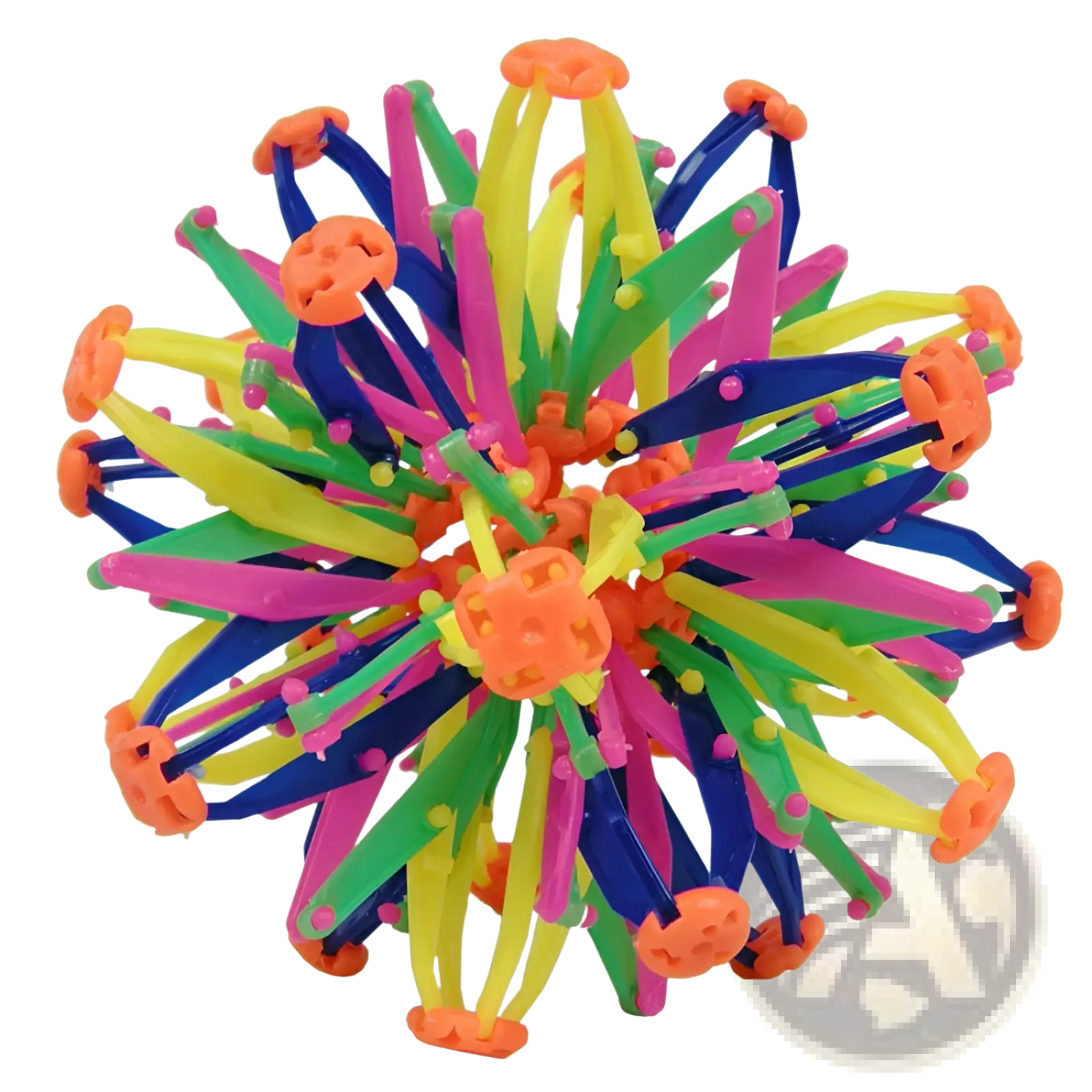 A vibrant multi-colored plastic spiky magic expanding ball toy with bright orange blue green and pink spikes radiating from a hub
