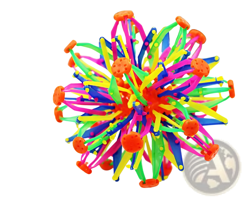 A vibrant multi-colored plastic magic expanding ball toy with bright orange caps and neon pink green blue and yellow spikes